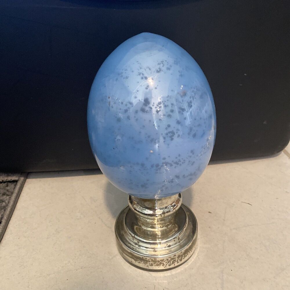 Easter Egg Glass Statue Tabletop Blue Speckled Silver Base Lightweight New